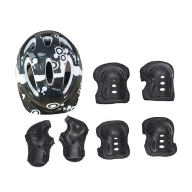 Imagem de harayaa Kit de capacete de bicicleta infantil 7x, joelheiras, cotoveleiras, acessórios de proteção de pulso, chapéu, capacete de patinação para meninos, Preto