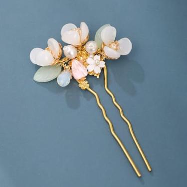 Imagem de Grampos de cabelo de folha de flor de cristal rosa branco estilo antigo acessórios de Hanfu pequeno grampo de cabelo noiva casamento