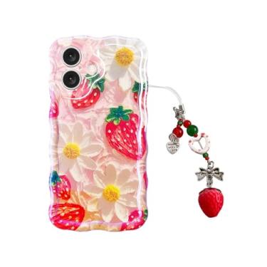 Imagem de Tewwsdi Capa de telefone de morango vermelho com berloque para iPhone 17 de 6,3 polegadas, retrô, elegante, brilhante, pintura a óleo, flor, brilhante, brilhante, brilhante, estética, fruta, à prova