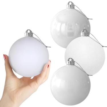 Imagem de Bolas de Natal grandes brancas de 10 cm - enfeites de decoração de árvore de Natal à prova de estilhaçamento bolas suspensas para aniversário, dia das bruxas, decorações de casamento, 4 peças