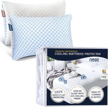 Imagem de Nestl Protetor de colchão king size com conjunto de duas almofadas refrescantes de 50,8 x 91,4 cm, capa de colchão lavável à prova d'água e refrescante, almofada de colchão ajustável com bolso