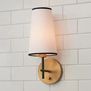 Imagem de Luminária de parede dourada, luminária de parede com abajur de tecido cilíndrico retrô branco, acabamento em latão antigo vintage, luminária de decoração para casa E12, iluminação de vaidade