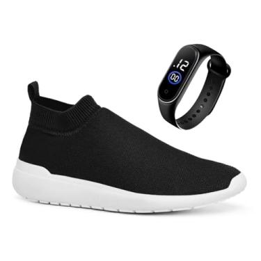 Imagem de Tênis Meia Caminhada Academia Feminino Sem Cadarço Confortavel + Relógio (Preto, BR, Adulto, Numérico, 39)