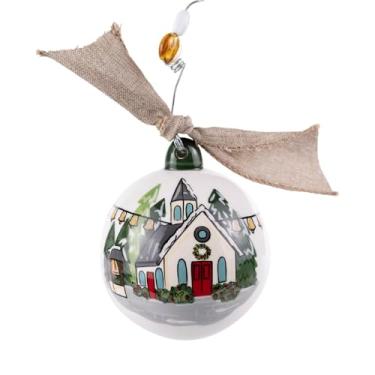Imagem de Glory Haus Enfeites de árvore de Natal da igreja Heard The Bells - Enfeites de Natal de cerâmica pintados à mão para árvore, decorações de bola branca para casa, lâmpadas decorativas penduradas
