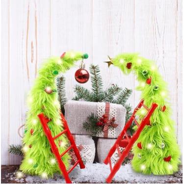 Imagem de Árvore de Natal verde dobrável de mesa, 2 peças, árvore de Natal pequena de pelúcia caprichosa com luzes, escadas e ornamentos, decoração de mesa divertida faça você mesmo, cornija de festa