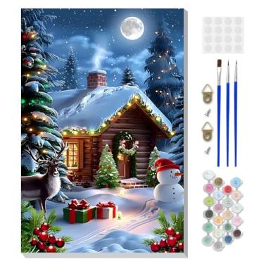 Imagem de DOMROM Kit de pintura emoldurada de Natal por números para adultos com cavalete de madeira, kit de pintura de vila por números para iniciantes, kits de pintura a óleo de inverno DIY para decoração de