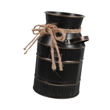 Imagem de Fenteer Vaso de flores de metal, balde de flores, balde francês, jarra rústica, vaso decorativo para mesa de quarto, peça central de escritório e, Preto