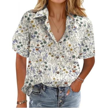 Imagem de Blusa feminina HOTOUCH de algodão floral de manga curta com bolso