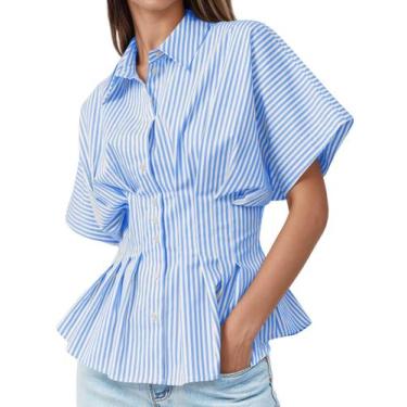 Imagem de Blusa feminina Tankaneo listrada Peplum Button Down azul