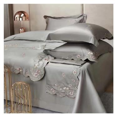 Imagem de Jogo de cama de luxo 1000 fios 1000% algodão de qualidade suprema com flores bordadas, jogo de edredom plano/lençol com elástico (I QUEEN_PLAT)