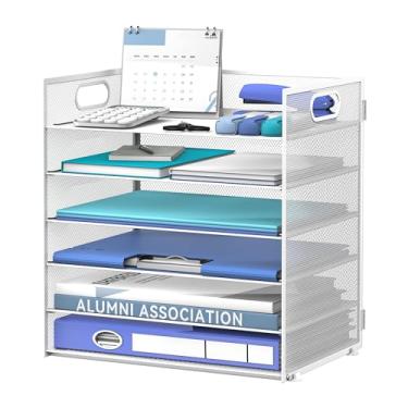 Imagem de Daltack Organizador de papel de 6 camadas para mesa, organizador de bandeja de papel para mesa, organizadores de arquivos de mesa de malha com alça para escritório, casa, escola, branco