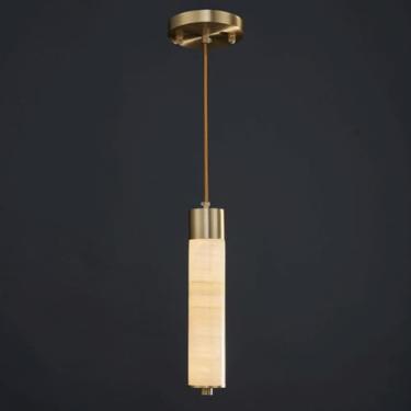 Imagem de YQSLQZZ Lustre de mármore cilíndrico de 30 cm, luminária decorativa com pingente de cabeça de cabeceira de bronze escovado, sala de jantar, cozinha, ilha, vintage, luzes de teto suspensas, 3000K - luz