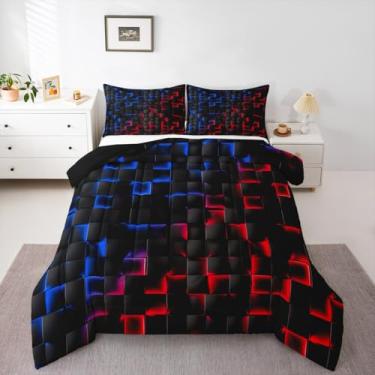 Imagem de Erosebridal Jogo de cama geométrico quadriculado para meninos, solteiro, vermelho neon, azul, decoração de quarto de jogadores, geométrico, quadriculado, geométrico, edredom preto