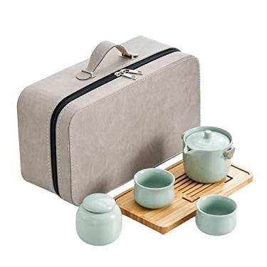Imagem de Conjunto de chá portátil de viagem, conjunto de chá Kungfu feito à mão, bule de porcelana, xícaras de chá, bandeja de chá com uma bolsa de viagem portátil - conjunto completo azul