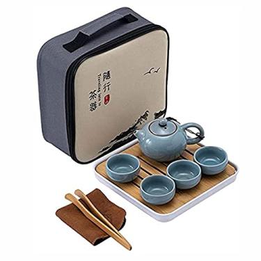 Imagem de Conjunto de chá de viagem lindamente feito à mão cerâmica vintage bule de cerâmica chinesa portátil, bule de chá, xícaras de chá e bandeja de chá de bambu embalagem portátil