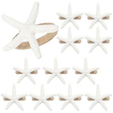 Imagem de 12 peças de anéis de guardanapo de flor branca de pano dourado para decoração de mesa de jantar para aniversários, casamentos, festas de Natal (forma de estrela do mar)