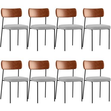 Imagem de Kit 08 Cadeiras Para Sala De Jantar Melina L02 Couríssimo Camel Linho Cinza - Lyam Decor