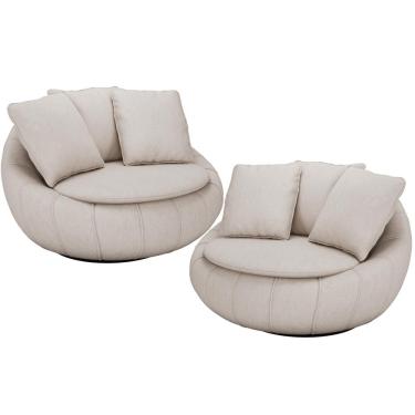 Imagem de Kit 02 Poltronas Para Sala De Estar Decorativa Giratória Kira M03 Linho Cru - Lyam Decor