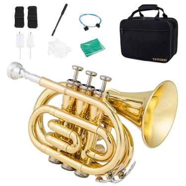 Imagem de YAYUZEST Pocket Trumpet B Flat Brass Bb Pocket Trumpet com bocal 7C, pano de limpeza, estojo rígido, luvas (ouro)