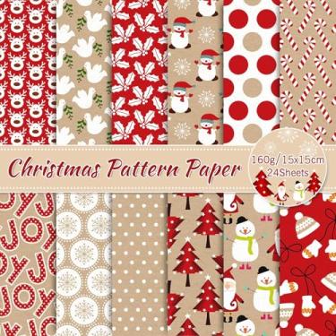Imagem de Whaline Pacote com 24 papéis padrão de Natal 30 x 30 cm papel kraft vermelho para scrapbook dupla face, papai noel, rena, boneco de neve, papel de artesanato dobrado plano para fazer cartões faça você