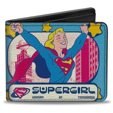 Imagem de Buckle-Down Carteira DC Comics, Bifold, Supergirl Pop Pose Metropolis Skyline Azul Amarelo, Couro Vegano