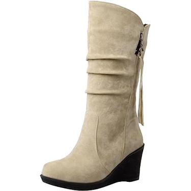 Imagem de Botas femininas de inverno quentes de camurça com zíper anabela botas de neve para uso ao ar livre, Bege, 8.5