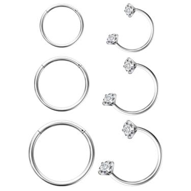 Imagem de Hoeudjo Anel de nariz em ferradura 18 g de aço cirúrgico com dobradiças para mulheres brinco de meia argola sapato de cavalo Daith Clicker Tragus brinco argola hélice piercing joia diâmetro interno 8