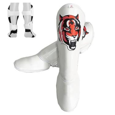 Imagem de Caneleira Muay Thai Proteção Dupla PU/EVA - Elástico Segurança Pé, Para Boxe/MMA/Sparring(Par) (Branco, L)