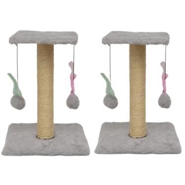 Imagem de Arranhador Para Gatos Pet Poste Sisal Brinquedo Com Bolinha Pena Duas Bases(Kit 2x Cinza)