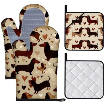 Imagem de BVBOX Conjunto de 4 luvas de forno e pegadores de panela resistentes ao calor com superfície de silicone antiderrapante para cozinhar, assar, grelhar (Puppy, conjunto de 4)