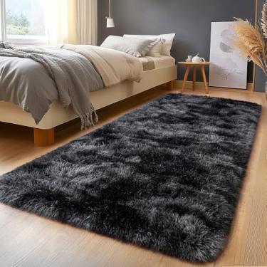 Imagem de Tapete felpudo macio macio de pelúcia antiderrapante para sala de estar tapete interno antiderrapante para sala de estar tapete interno tingido preto cinza 2 x 1,8 m