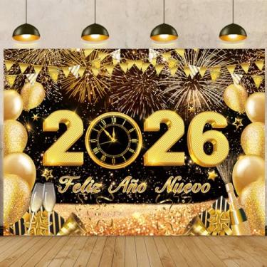Imagem de Feliz Año Nuevo Banner Pano de fundo 25 x 20 m preto e dourado Ano Novo Espanhol Balão de Fogos de Artifício 2026 Suprimentos de Festa de Ano Novo Adereços de foto