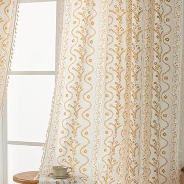 Imagem de Cortinas florais boho para sala de estar, cortinas de casa de fazenda com padrão de linho, 96 polegadas de comprimento, cortina de quarto bege com estampa dourada vintage, boêmia, cozinha, sala de