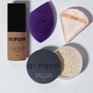 Imagem de Kit 4 Produtos Base Líquida Cor 400M Pó Solto Translúcido e Esponja Océane