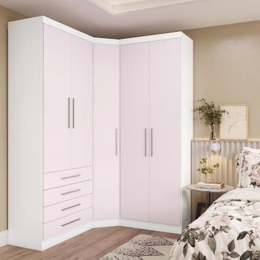 Imagem de Guarda Roupa De Canto 3 Peças 5 Portas 4 Gavetas Alpes Luciane Móveis Branco Pf/rosa Pf