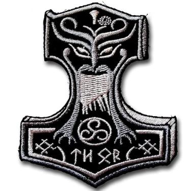 Imagem de Emblema bordado viking Thor Hammer – Emblema nórdico Mjölnir símbolo Deus Odin Celtic Valhalla ferro ou costurar para fãs de jaqueta, colete, mochila, motociclista ou mitologia nórdica pagã