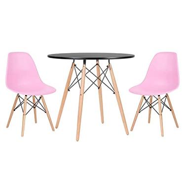 Imagem de Loft7, KIT - Mesa redonda Eames 80 cm preto + 2 cadeiras Eiffel DSW rosa claro