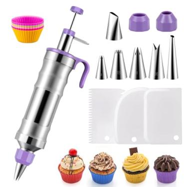 Imagem de MIKESIER Conjunto de seringas para decoração de sobremesa, kit de confeiteiro e cobertura de aço inoxidável com 6 pontas e 9 cupcakes de silicone, 3 raspadores de creme para ferramentas de decoração