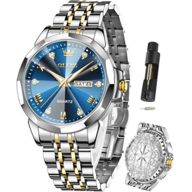 Imagem de OLEVS Relógios masculinos com diamante para negócios, analógico, quartzo, aço inoxidável, à prova d'água, luminoso, data, perfume, relógio de pulso luxuoso, moderno, 9931X-azul, 9931X-blue, relógio