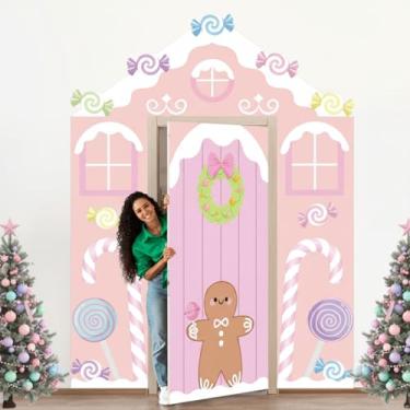 Imagem de Hahafelt 4 peças de capas de porta de gengibre de Natal pastel para decoração de Natal, rosa, casa de pão de gengibre, decoração de porta de doces, adereços de cabine de fotos de Natal, sinal de