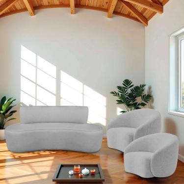 Imagem de Kit Recamier Curvo Amsterdã 160cm E 2 Poltronas Amore Luxo Linho Cor Cinza Claro
