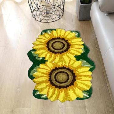 Imagem de USTIDE Tapete de girassol fofo com flores amarelas e girassol, tapete rústico feito à mão, moderno, lavável, antiderrapante, tapete de banheiro para quarto, cozinha/hall de entrada, 6 cm x 4 cm