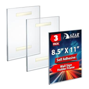 Imagem de Azar Displays 122021-3PK Suporte de placa de parede de acrílico transparente adesivo, moldura vertical de 21,6 x 28 cm para pôsteres de escritório, folhetos, placas de identificação e placas de porta