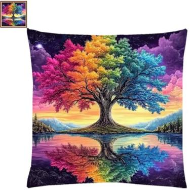 Imagem de Fanxvivy Kits de ponto cruz estampado para adultos iniciantes kit de bordado com padrão de bordado kit de pontos pré-compactados 11CT ponto cruz reflexão árvores coloridas 45,7 x 45,7 cm