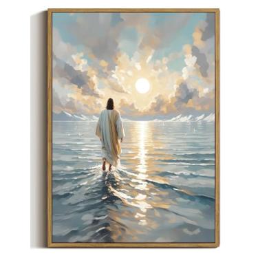 Imagem de ZZTCYSU Jesus Canvas Wall Art Christian Framed Wall Art Jesus Walking on Water Back Impressão Bíblica Moderna Arte de Fé Religiosa para Sala de Estar Quarto Igreja 40.6 cm x 61.0 cm Emoldurado
