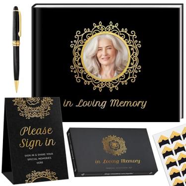 Imagem de Livro de visitas Black Funeral - "in Loving Memory" estampado em folha dourada | 120 páginas | Inclui caneta e suporte | Capa de slot para foto | Livro de login Celebration of Life | Livro de visitas