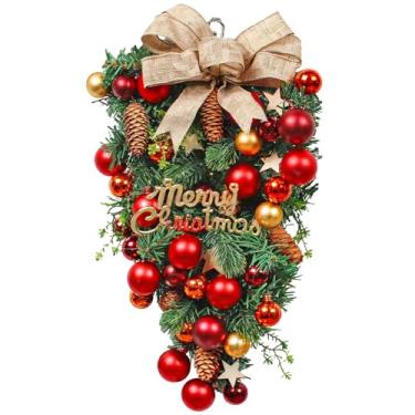 Imagem de Guirlanda de Natal de 61 cm com enfeites vermelhos, pinhas, laço dourado, guirlanda de Natal para porta da frente e janela