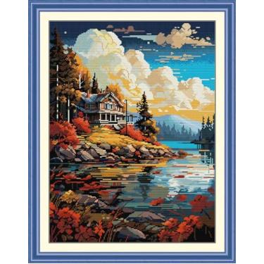 Imagem de CrossNest Kit de ponto cruz contado de 14 quilates para iniciantes, conjunto completo de bordado DIY não impresso com padrão e ferramentas, pano Aida premium e linhas (brilho do pôr do sol)