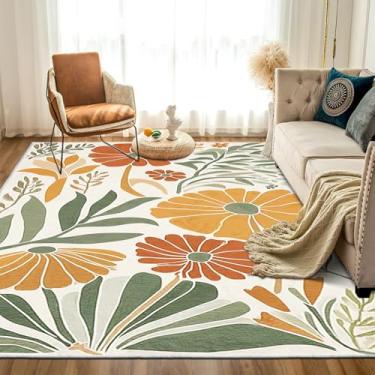 Imagem de 9CH Tapetes florais botânicos estéticos 2,8 m x 1,8 m verde terracota flores abstratas plantas tapetes antiderrapante macio boho moderno tapete para quarto, jantar, sala de estar, cozinha