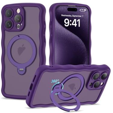 Imagem de BTBTCASE Capa compatível com iPhone 15 Pro Max com anel magnético rotativo de 360° e suporte invisível, compatível com Mag-Safe, linda capa protetora para celular com moldura ondulada ondulada